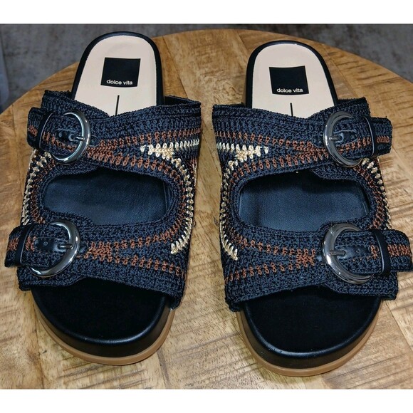 ​DOLCE VITA New Crochet Platform Slide Sandals Women's Size 8.5 Cork Weave Black - Picture 2 of 10